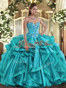 Custom Fit Teal Ball Gown Prom Dress Military Ball and Sweet 16 and Quinceanera with Embroidery and Ruffles Sweetheart Sleeveless Lace Up