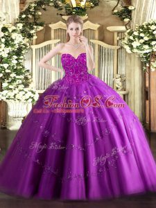Fuchsia Ball Gowns Sweetheart Sleeveless Tulle Floor Length Lace Up Beading Quinceanera Gown