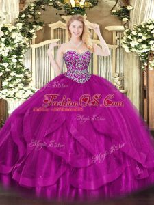 Fuchsia 15th Birthday Dress Military Ball and Sweet 16 and Quinceanera with Beading and Ruffles Sweetheart Sleeveless Lace Up