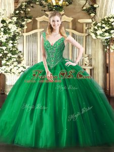 Eye-catching Floor Length Green Vestidos de Quinceanera Tulle Sleeveless Beading