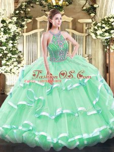 Floor Length Apple Green 15th Birthday Dress Halter Top Sleeveless Lace Up