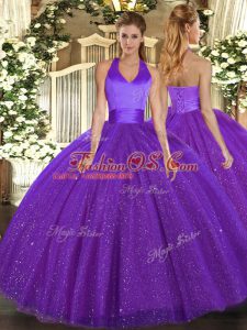 Sophisticated Purple Tulle Lace Up Ball Gown Prom Dress Sleeveless Floor Length Sequins