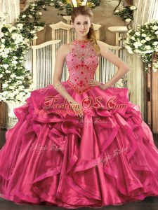 Hot Pink Lace Up Quinceanera Gowns Beading and Embroidery and Ruffles Sleeveless Floor Length