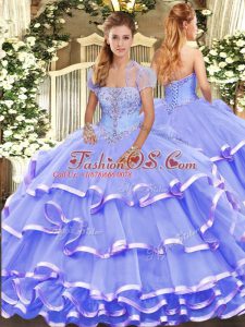 Top Selling Lavender Ball Gowns Organza Strapless Sleeveless Appliques and Ruffled Layers Floor Length Lace Up Quinceanera Gowns