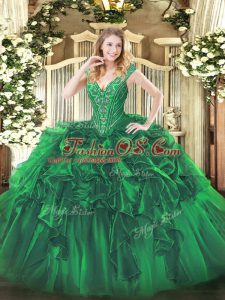 Flirting Green Sleeveless Floor Length Beading and Ruffles Lace Up Vestidos de Quinceanera
