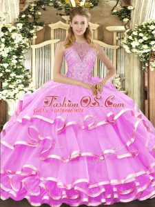 Hot Sale Floor Length Lilac Sweet 16 Dress Halter Top Sleeveless Lace Up