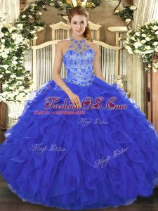 Edgy Ball Gowns Vestidos de Quinceanera Royal Blue Halter Top Organza Sleeveless Floor Length Lace Up