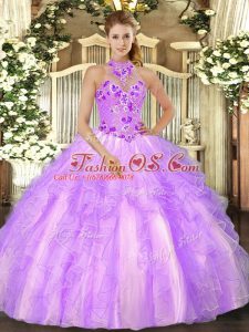 Designer Lilac Sweet 16 Dress Military Ball and Sweet 16 and Quinceanera with Embroidery Halter Top Sleeveless Lace Up