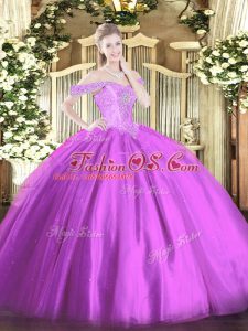 Floor Length Lilac Sweet 16 Dresses Tulle Sleeveless Beading