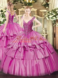 Sleeveless Organza and Taffeta Floor Length Lace Up 15th Birthday Dress in Lilac with Beading and Ruffled Layers