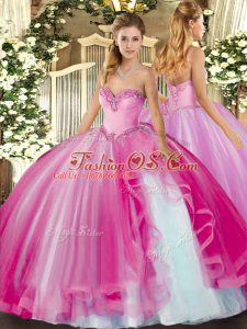 Luxurious Fuchsia Ball Gowns Beading and Ruffles Quinceanera Gown Lace Up Tulle Sleeveless Floor Length