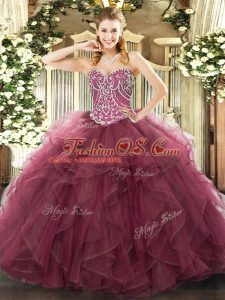 Burgundy Sleeveless Floor Length Beading and Ruffles Lace Up Vestidos de Quinceanera