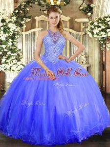 Ball Gowns Quinceanera Gown Lavender Halter Top Tulle Sleeveless Floor Length Lace Up