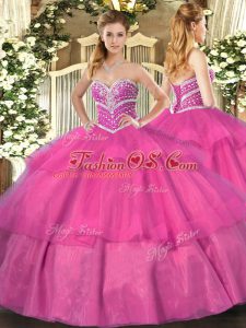 Luxurious Sweetheart Sleeveless Lace Up 15 Quinceanera Dress Hot Pink Tulle