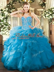 Hot Selling Aqua Blue Lace Up Sweet 16 Dresses Beading and Ruffles Sleeveless Floor Length