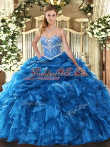 Modern Blue Ball Gowns Beading and Ruffles and Pick Ups Quinceanera Dress Lace Up Organza Sleeveless Floor Length