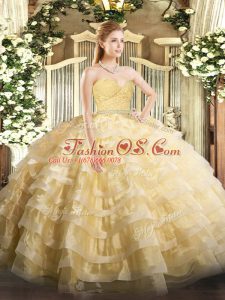 Gold Tulle Zipper Sweetheart Sleeveless Floor Length Sweet 16 Dresses Beading and Lace and Ruffled Layers