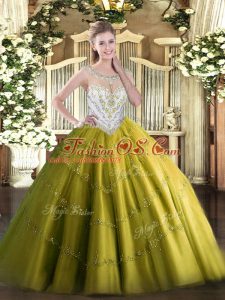 Olive Green Ball Gowns Beading and Appliques 15 Quinceanera Dress Zipper Tulle Sleeveless Floor Length