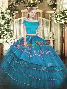 Teal Short Sleeves Floor Length Embroidery and Ruffled Layers Zipper Sweet 16 Quinceanera Dress