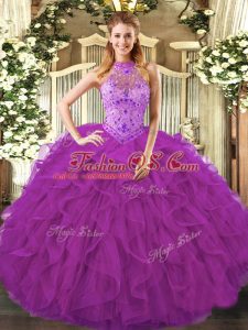 Luxurious Halter Top Sleeveless Organza Quinceanera Dress Beading and Ruffles Lace Up