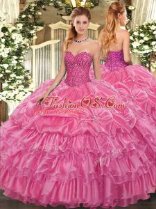 Ideal Organza Sweetheart Sleeveless Lace Up Beading and Ruffled Layers and Pick Ups Vestidos de Quinceanera in Rose Pink