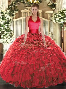 Adorable Sleeveless Floor Length Ruffles Lace Up Quinceanera Gown with Red