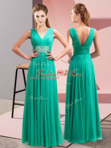Turquoise Empire V-neck Sleeveless Chiffon Floor Length Side Zipper Beading and Ruching Prom Evening Gown