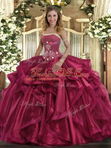 Super Floor Length Red Quinceanera Dresses Strapless Sleeveless Lace Up