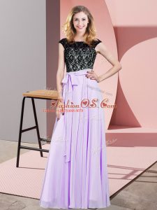 Simple Floor Length Lavender Chiffon Sleeveless Lace and Belt