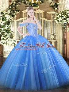 Fitting Baby Blue Ball Gowns Beading Sweet 16 Dresses Lace Up Tulle Sleeveless Floor Length