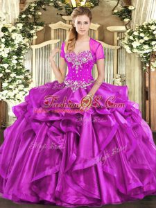 Flirting Floor Length Lace Up Vestidos de Quinceanera Fuchsia for Military Ball and Sweet 16 and Quinceanera with Beading and Ruffles