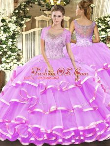 Pretty Floor Length Clasp Handle Ball Gown Prom Dress Lilac for Military Ball and Sweet 16 and Quinceanera with Beading and Ruffled Layers