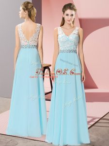 Aqua Blue Sleeveless Floor Length Beading Backless