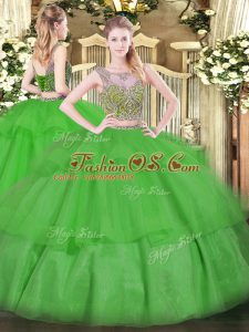 Floor Length Lace Up Quinceanera Dresses Green for Military Ball and Sweet 16 and Quinceanera with Beading and Ruffled Layers