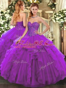 Charming Eggplant Purple Tulle Lace Up Vestidos de Quinceanera Sleeveless Floor Length Beading and Ruffles