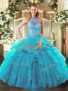 Teal Ball Gowns Halter Top Sleeveless Organza Floor Length Lace Up Beading and Ruffles Sweet 16 Dresses