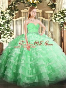 Sleeveless Tulle Floor Length Zipper 15th Birthday Dress in Apple Green with Beading and Lace and Ruffled Layers