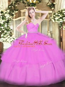 Sophisticated Sleeveless Tulle Floor Length Zipper Quinceanera Dress in Lilac with Beading and Lace and Ruffled Layers