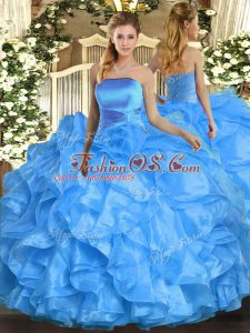 Decent Baby Blue Ball Gowns Organza Strapless Sleeveless Ruffles Floor Length Lace Up Sweet 16 Dress