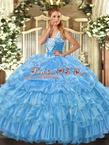 Baby Blue Quinceanera Dress Military Ball and Sweet 16 and Quinceanera with Beading and Ruffled Layers and Pick Ups Straps Sleeveless Lace Up