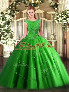 Floor Length Green Sweet 16 Dresses Tulle Sleeveless Beading and Appliques