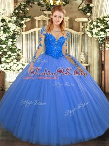 Stylish Blue Long Sleeves Floor Length Lace Lace Up Sweet 16 Quinceanera Dress
