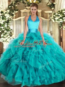 Extravagant Floor Length Turquoise Sweet 16 Dresses Organza Sleeveless Ruffles