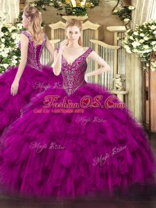 Fuchsia V-neck Neckline Beading and Ruffles Sweet 16 Quinceanera Dress Sleeveless Lace Up