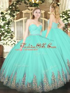 Fine Apple Green Tulle Zipper Quinceanera Dresses Sleeveless Floor Length Beading and Lace and Appliques