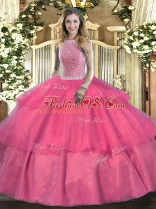 Amazing Beading and Ruffled Layers Sweet 16 Dress Hot Pink Lace Up Sleeveless Floor Length