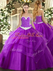 Glamorous Purple Sweetheart Neckline Appliques and Ruffled Layers Quinceanera Gowns Sleeveless Lace Up