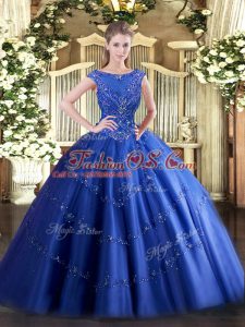 Dynamic Floor Length Zipper Quinceanera Gown Blue for Military Ball and Sweet 16 and Quinceanera with Beading and Appliques
