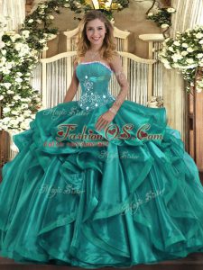 Modern Strapless Sleeveless Ball Gown Prom Dress Floor Length Beading and Ruffles Turquoise Organza