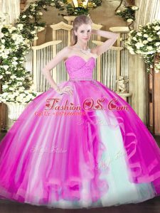 Best Fuchsia Tulle Zipper 15th Birthday Dress Sleeveless Floor Length Beading and Lace and Ruffles